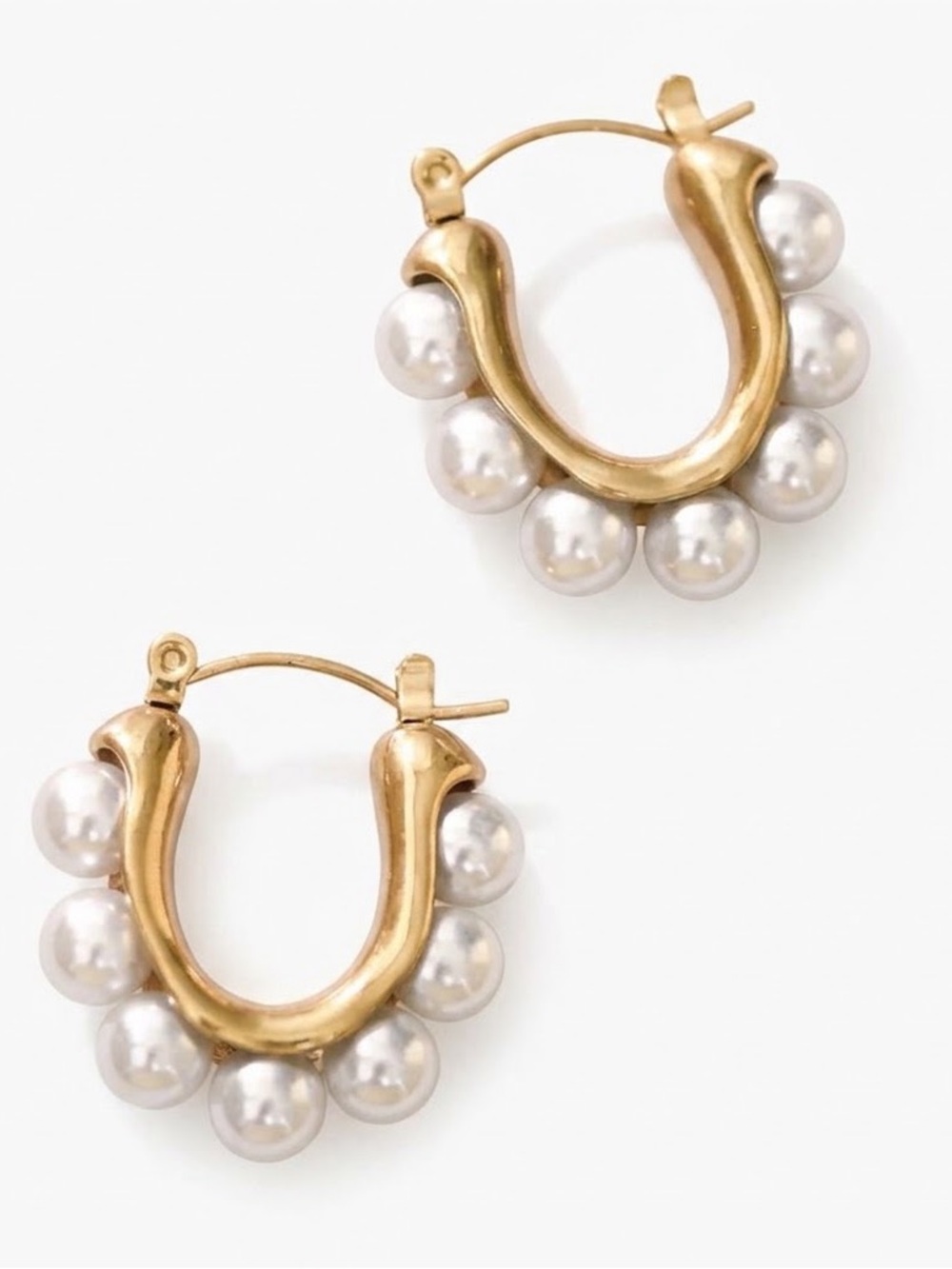 Gold-Tone Metal Huggie Hoop Earrings w/ White Round Pearl Beads, Hinged Closure